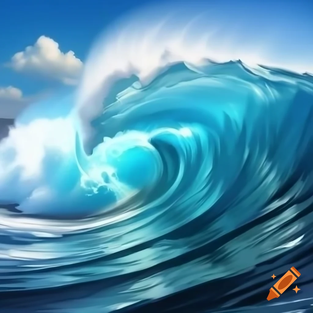 High blue wave breaking with white foam, ocean scene in Klein style