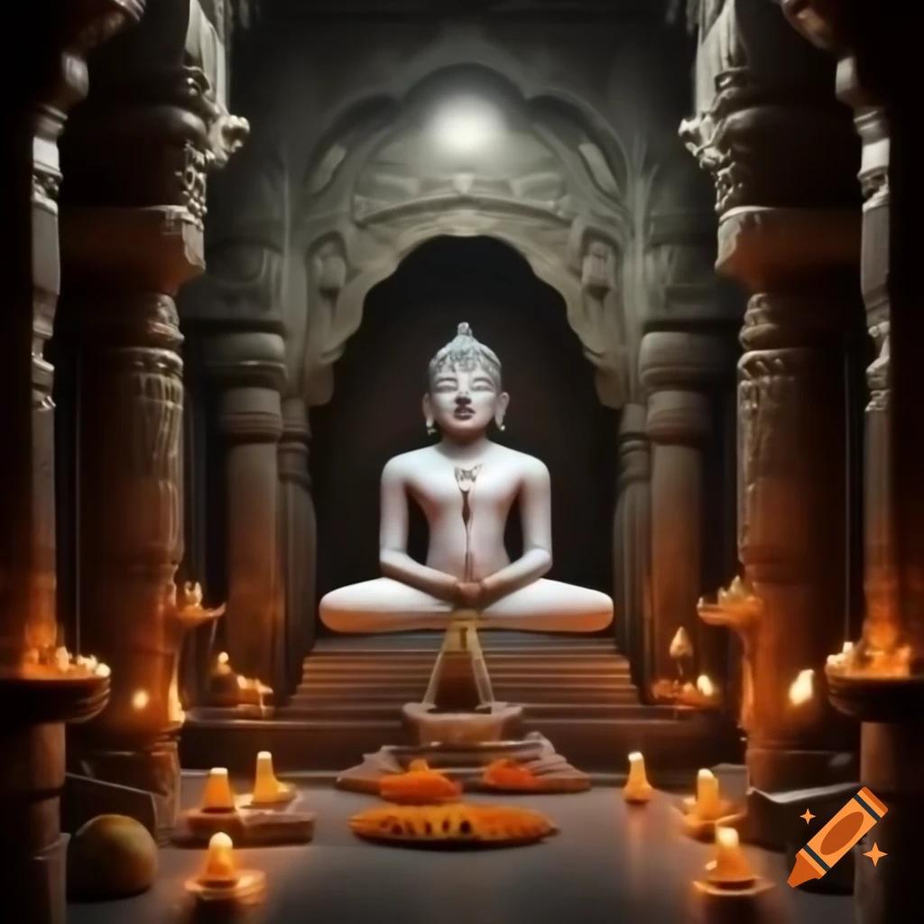 Serene Jain temple interior with marble statue of Lord Mahavira