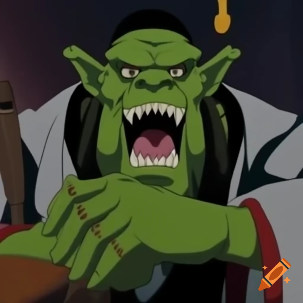 Smirking green orc professor in university mantle and cap holding scrolls, 80-90's anime style