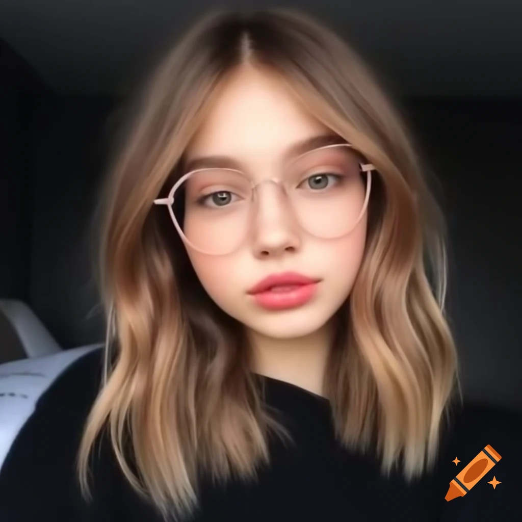 Belarusian girl model with fluffy brown hair and round glasses, wearing black sweater