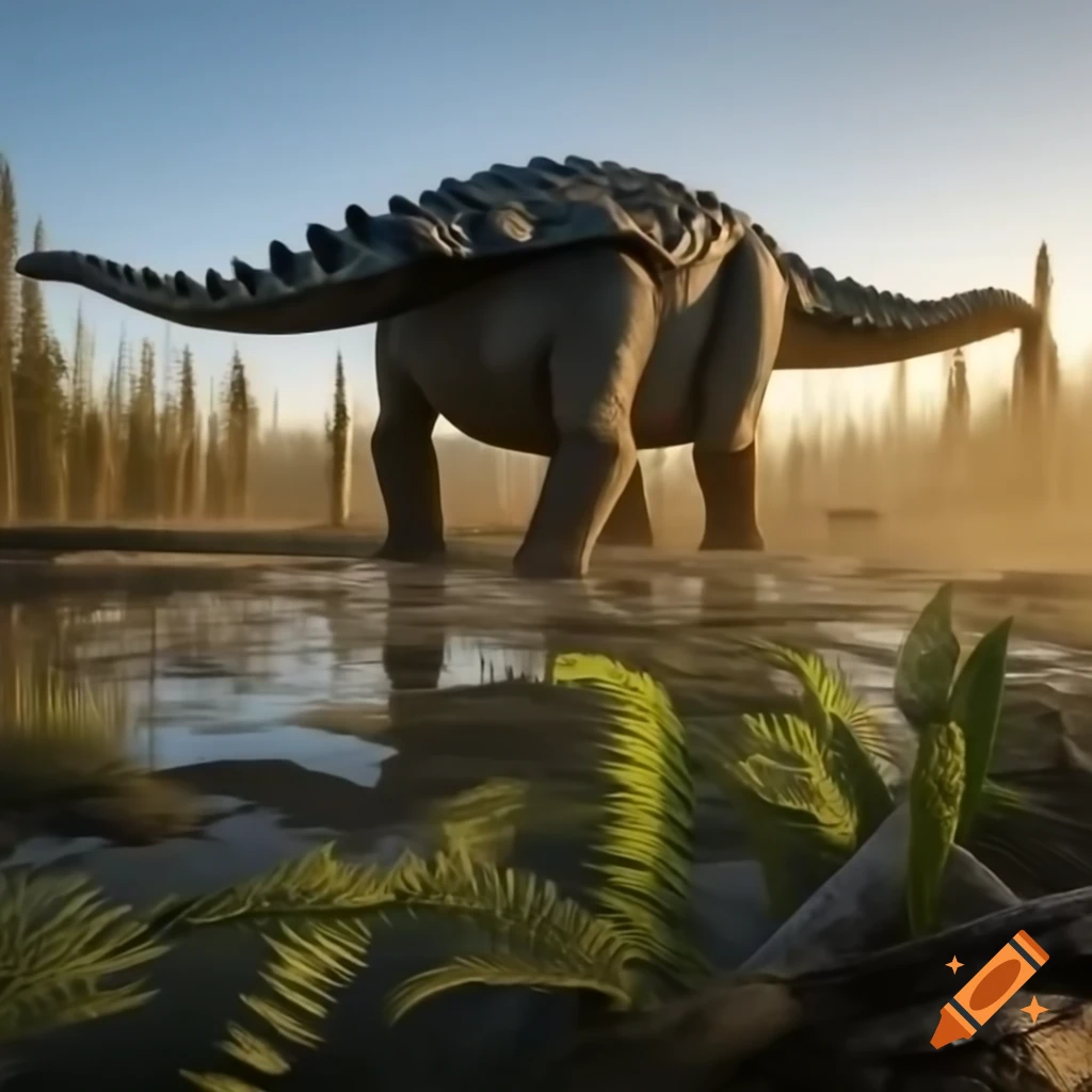 Ankylosaurus and Diplodocus by lake with ferns and fallen trees during golden hour
