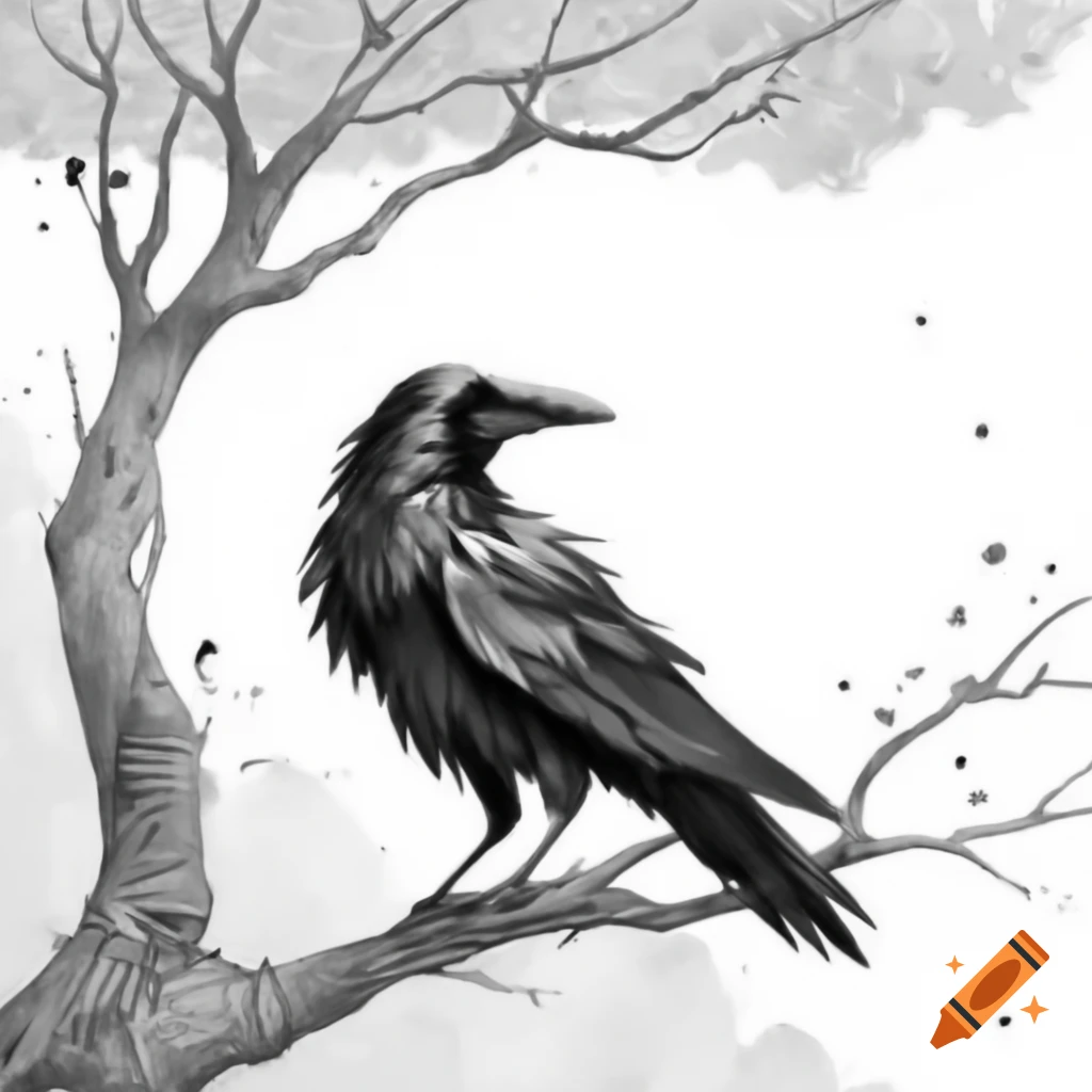 Black and white sketch of crow on tree branch on Craiyon