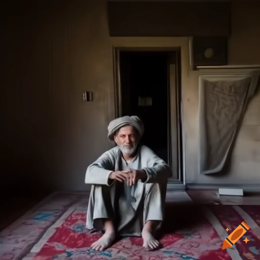 Man sitting on carpet in old Afghan house, expressing emotion