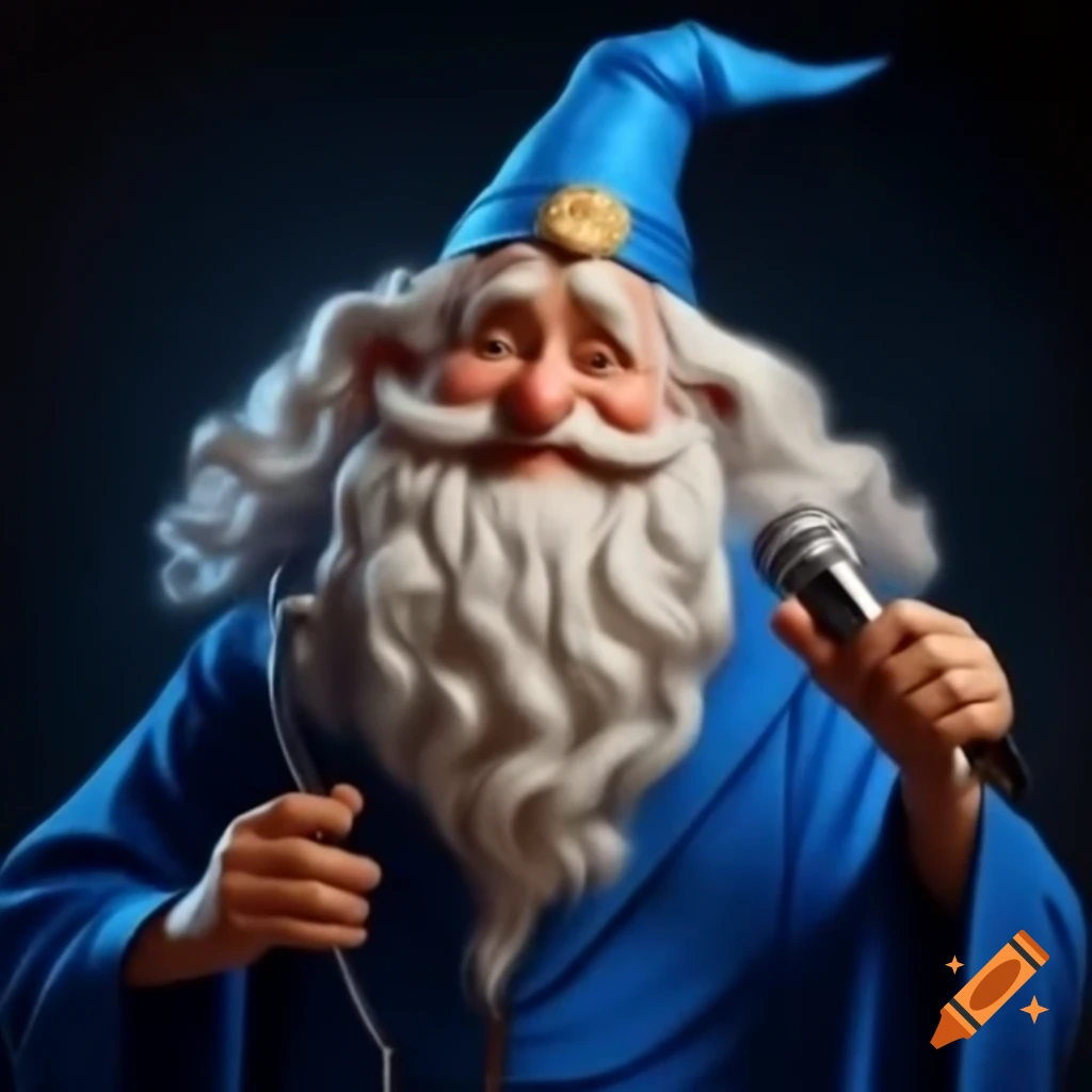 Old magician with white beard and blue robe singing into a microphone