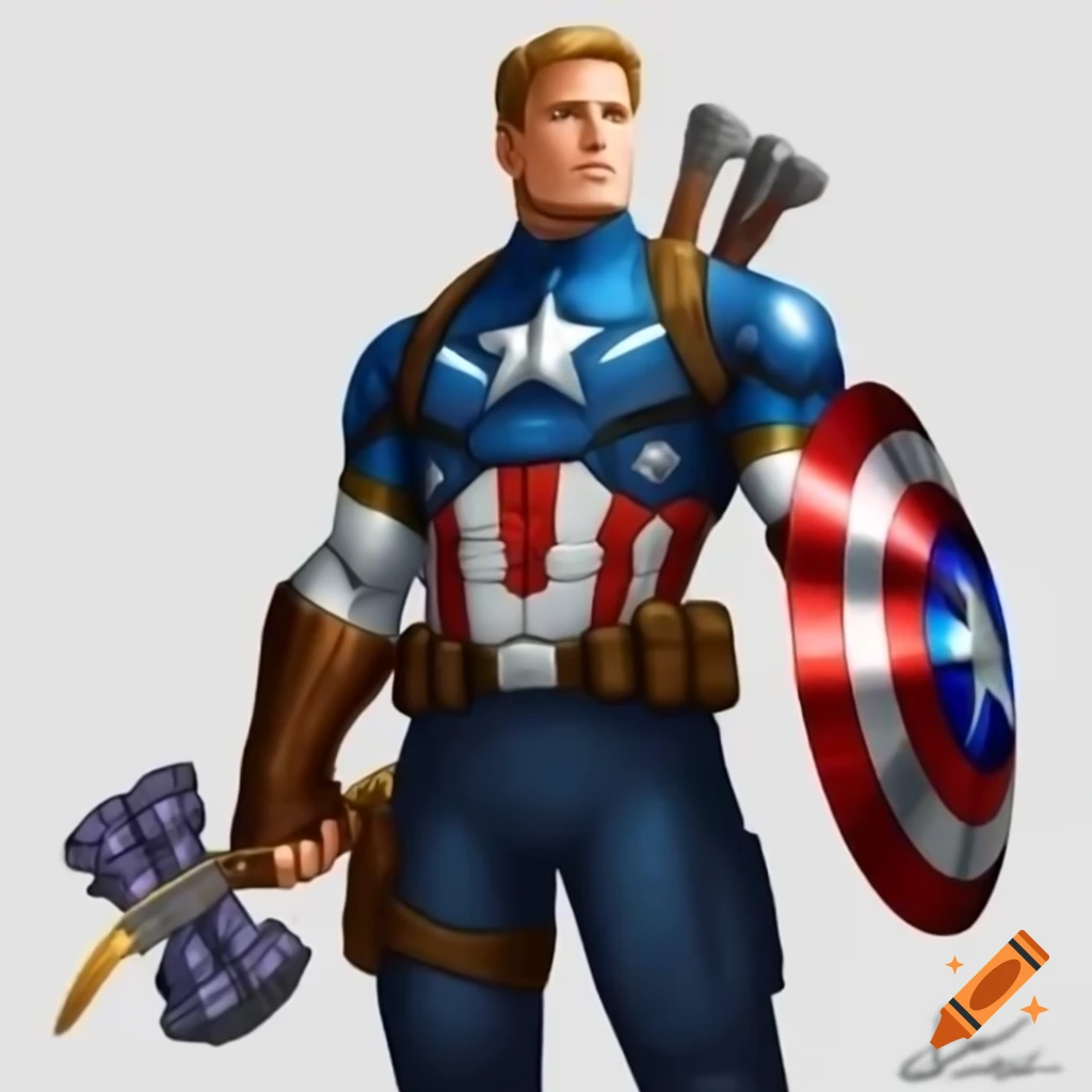 Illustration of a man with Captain America shield, Thanos gauntlet, and bow inspired by Hawkeye