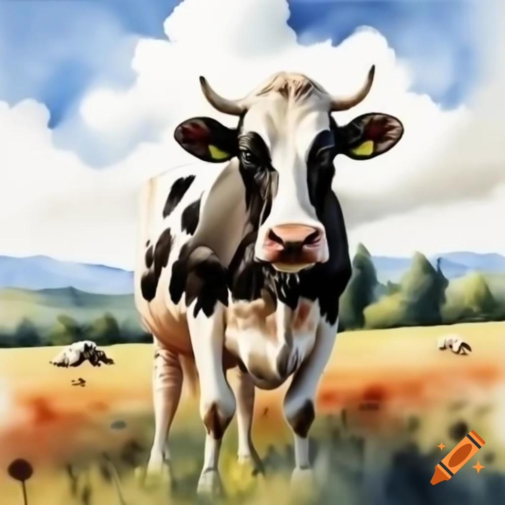 Realistic watercolor illustration of cow in a field
