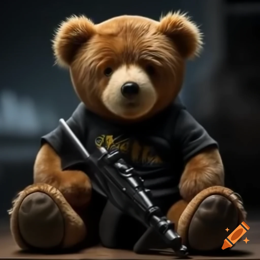 Teddy bear with machine gun and black t-shirt, looking angry