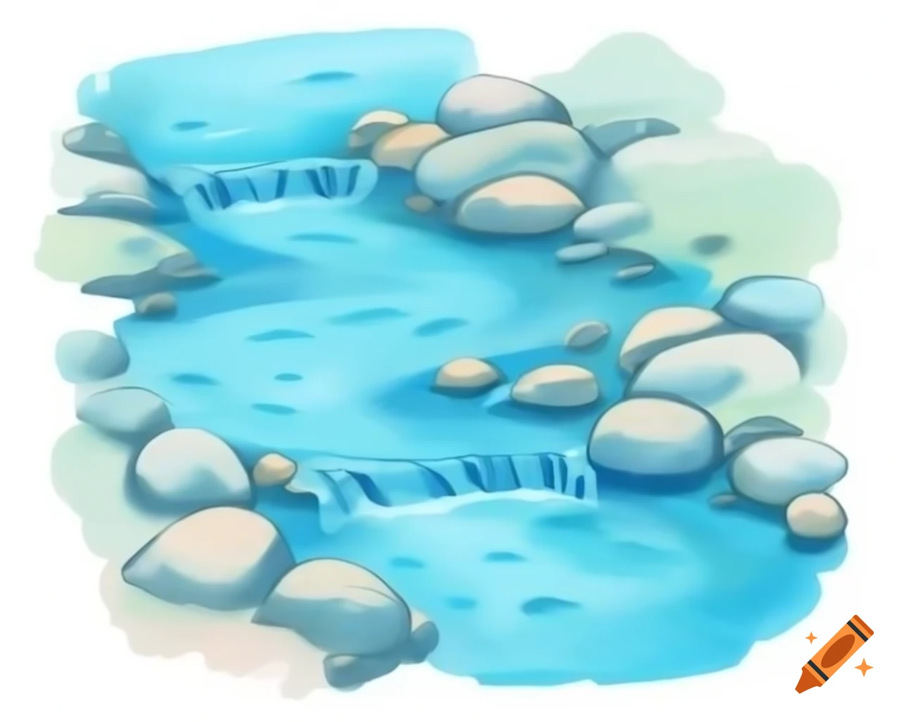 Watercolor stream in aqua blue and green with storybook style