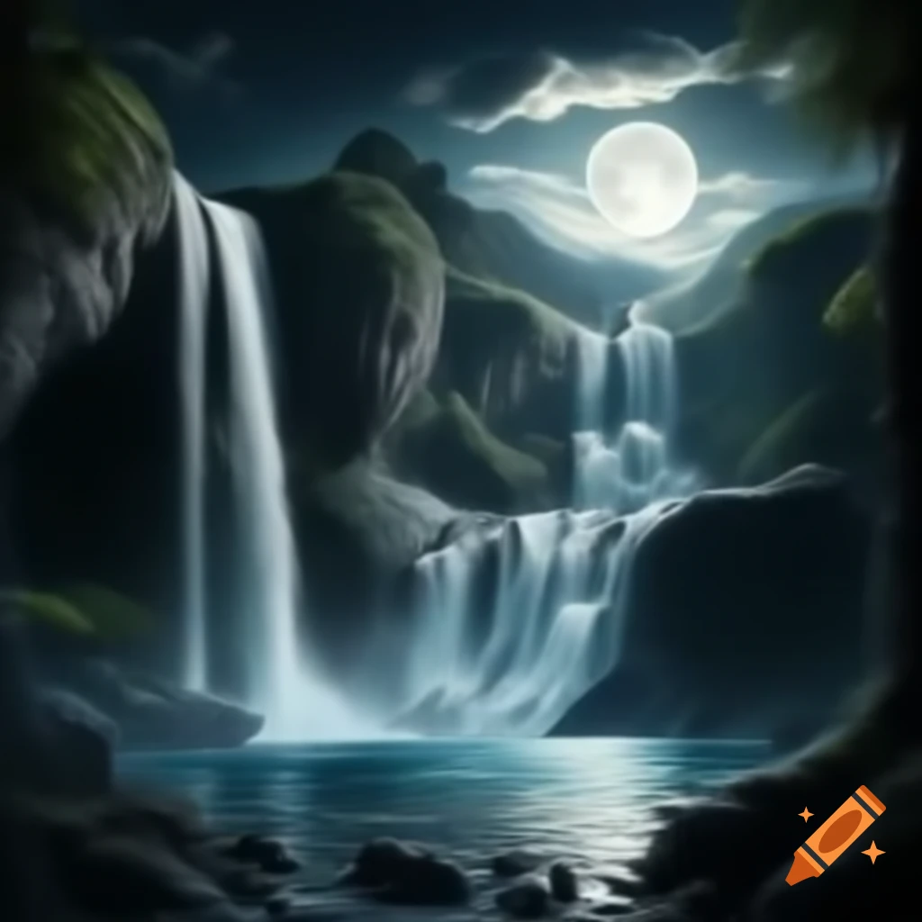 Chrome waterfall beside a full moon
