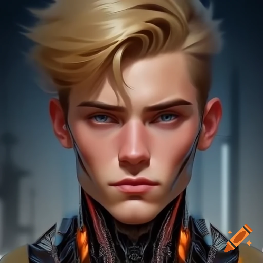 Headshot of young male cyborg with metallic skin and blond hair