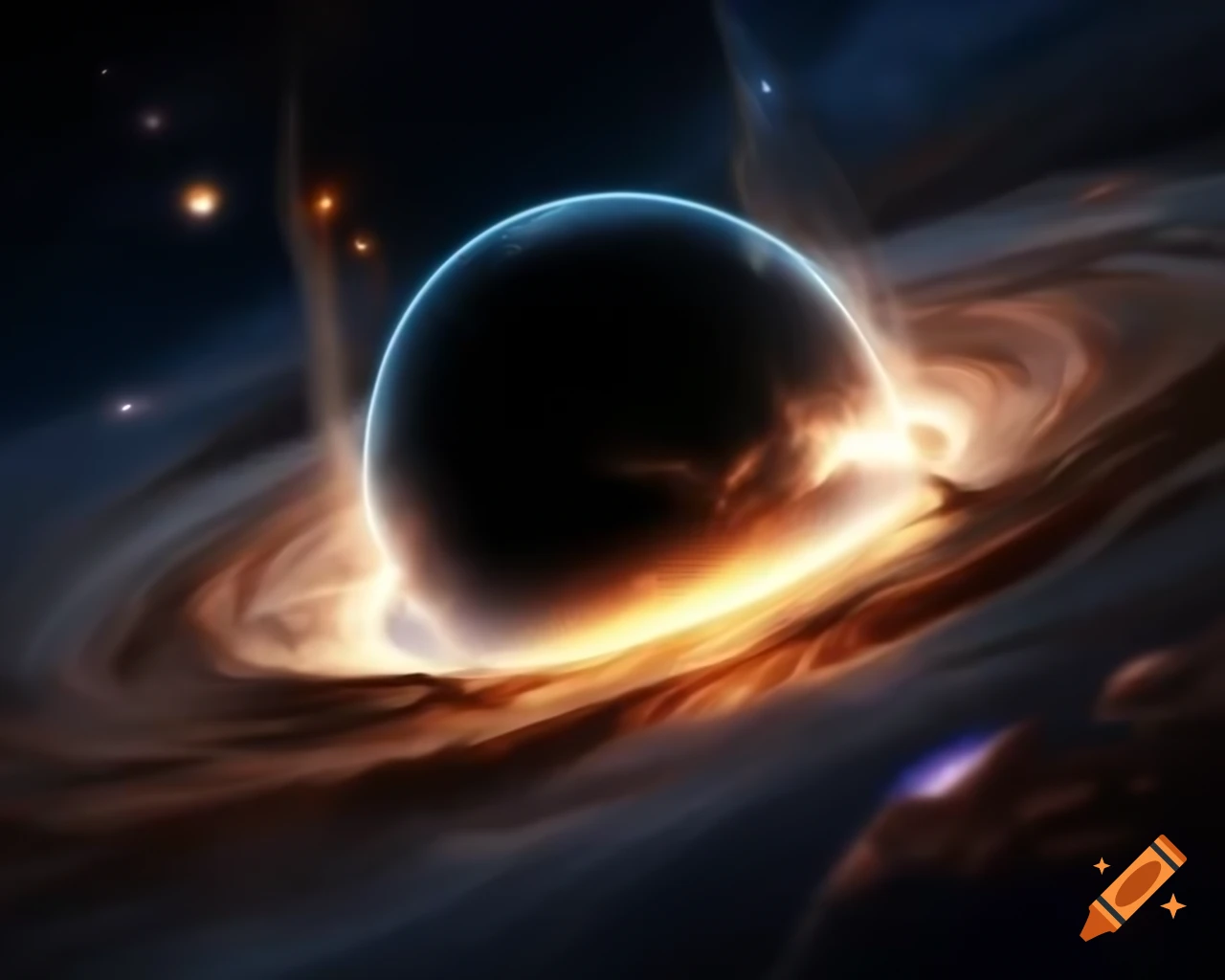 Realistic black hole in star-filled space with artistic anamorphic lens flare