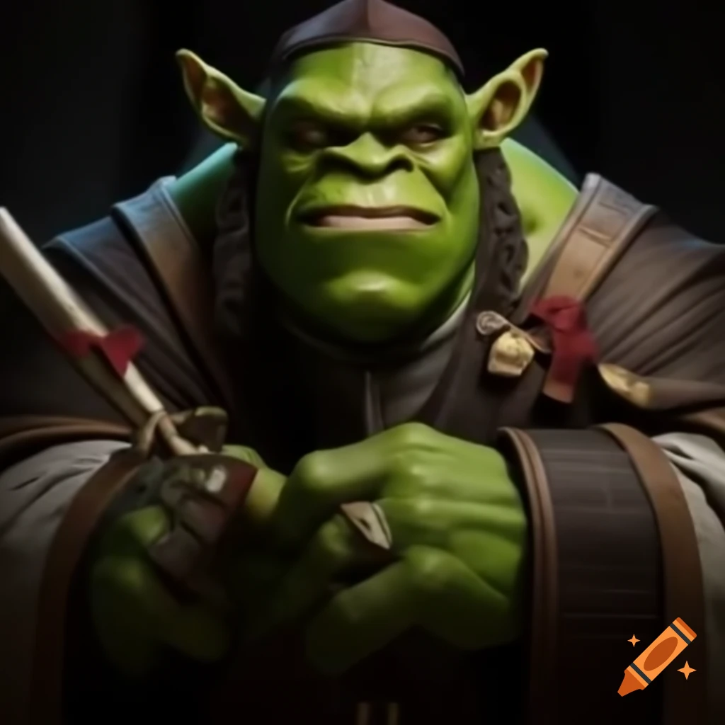 Smirking green orc professor in university mantle and cap holding scrolls