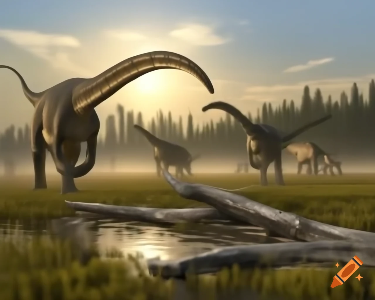 Herd of Hadrosaurus in sunny marshland with driftwood in British Columbia