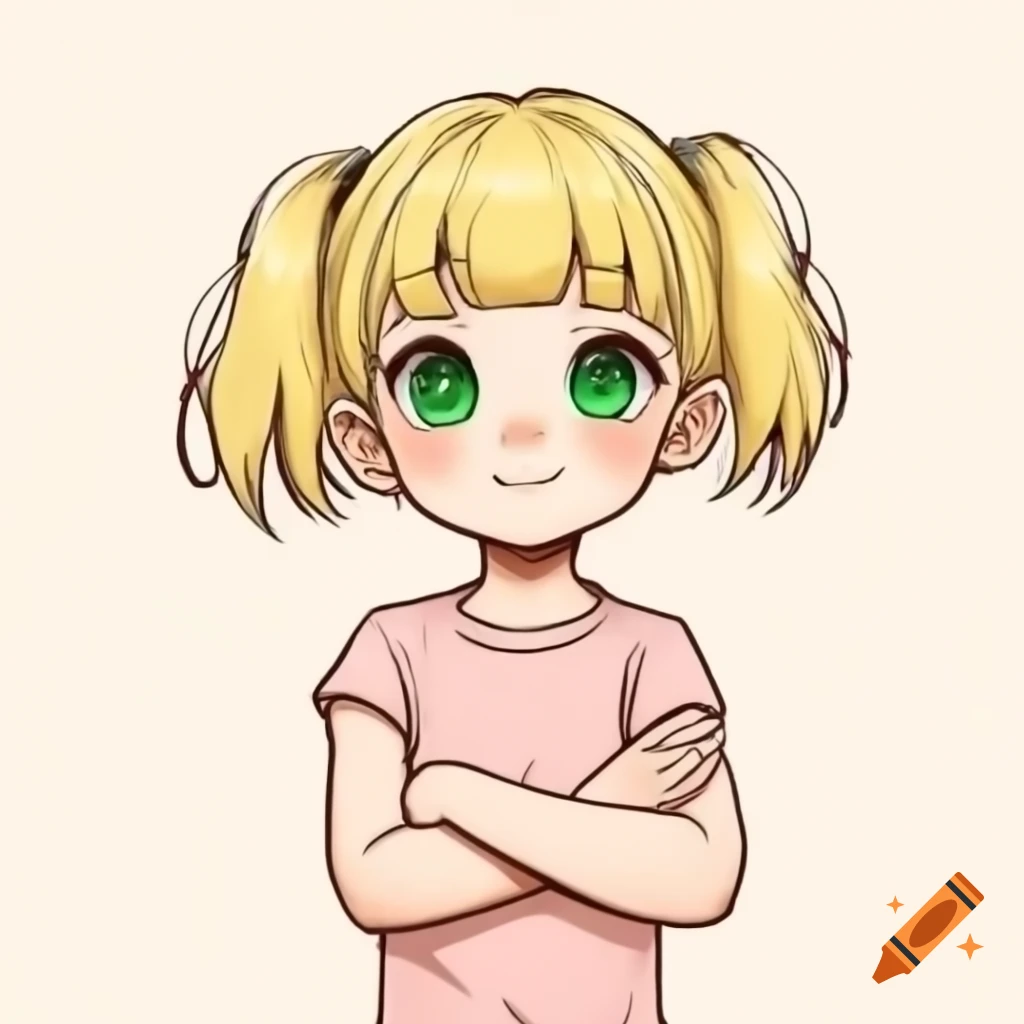Anime girl with blonde hair and green eyes in light pink sleeveless t-shirt