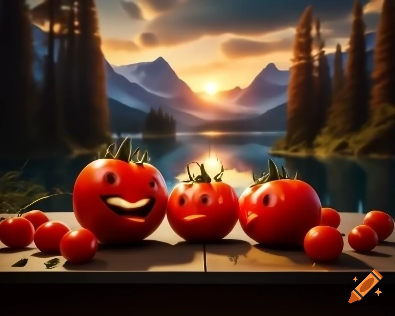 Close-up of human face made of tomatoes, surrounded by tomatoes in hyperrealistic style