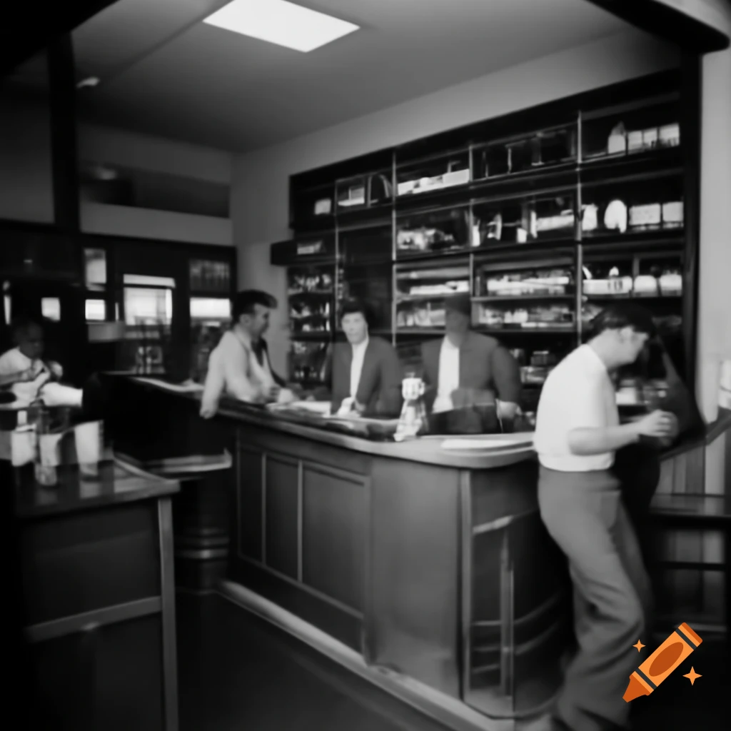 Vintage photo of liquor store with wine shelves and customers