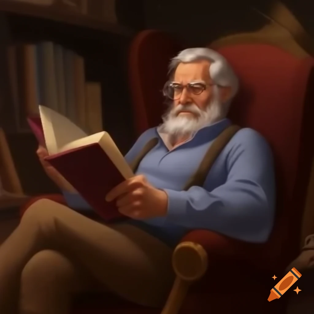 Strong man holding open book and dumbbell while sitting in a chair