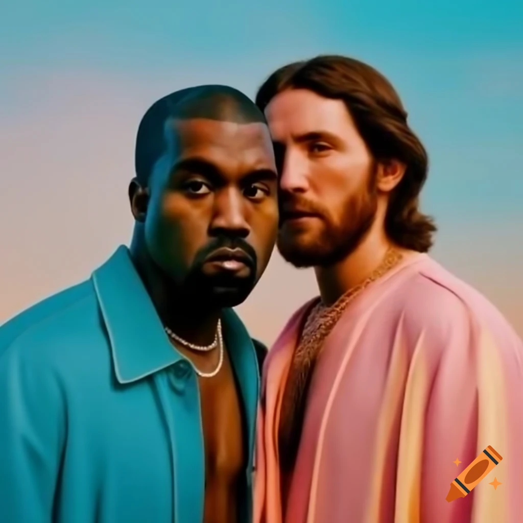Kanye West and Jesus Christ in a pastel colored wonderland, photorealistic artwork