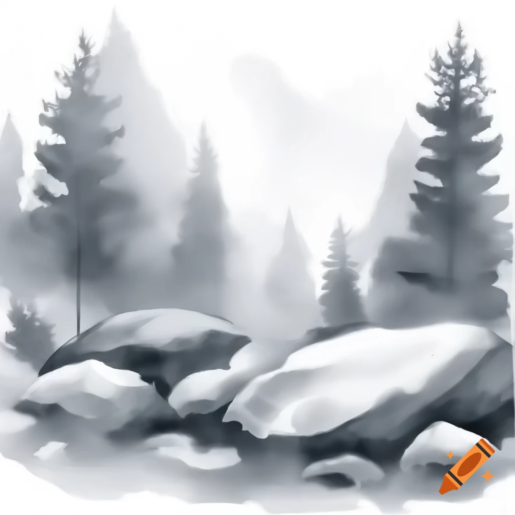 Grayscale watercolor sketch of a rocky snowy forest