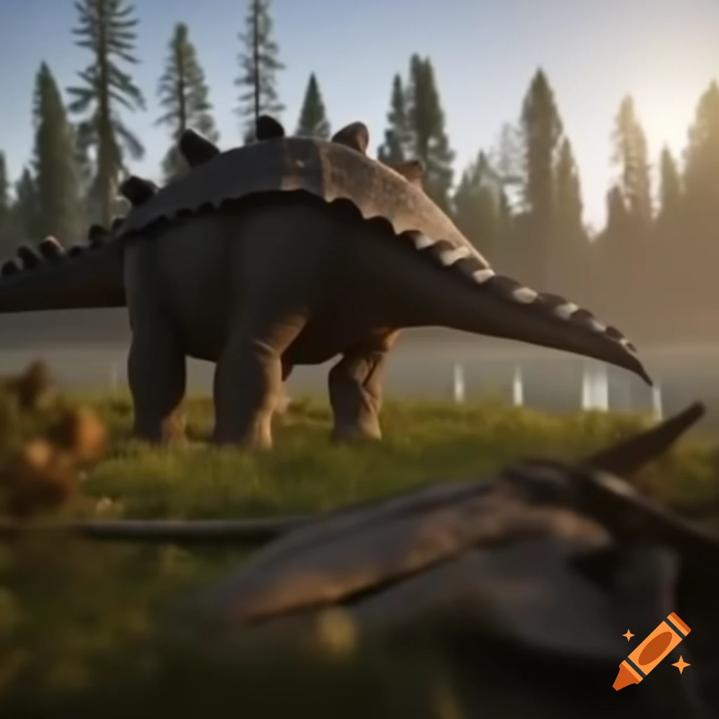 Ankylosaurus walking along sunny lake bank with Diplodocus in background, British Columbia at golden hour