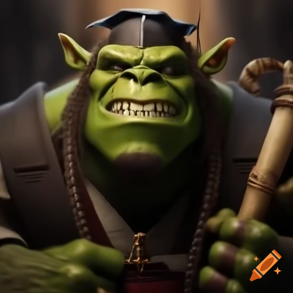 Cartoon of green orc professor in university mantle and cap holding scrolls