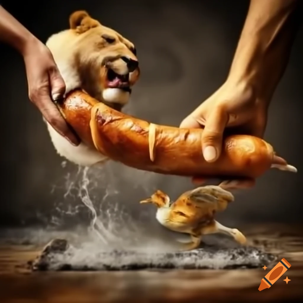 Duck and lion engaged in playful fight over sausage roll