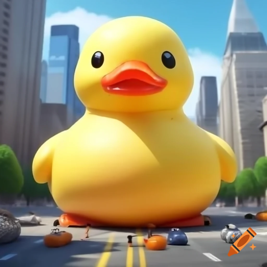 Giant rubber duck towering over city skyline