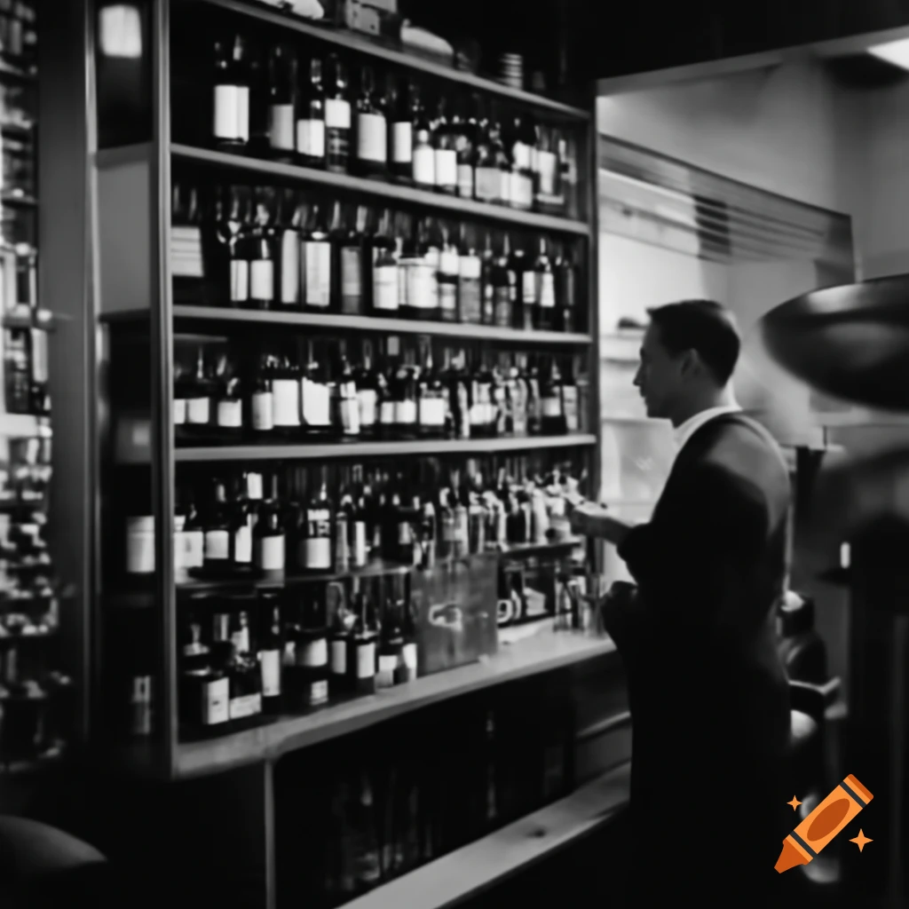 Vintage photo of liquor store with wine shelves and customers