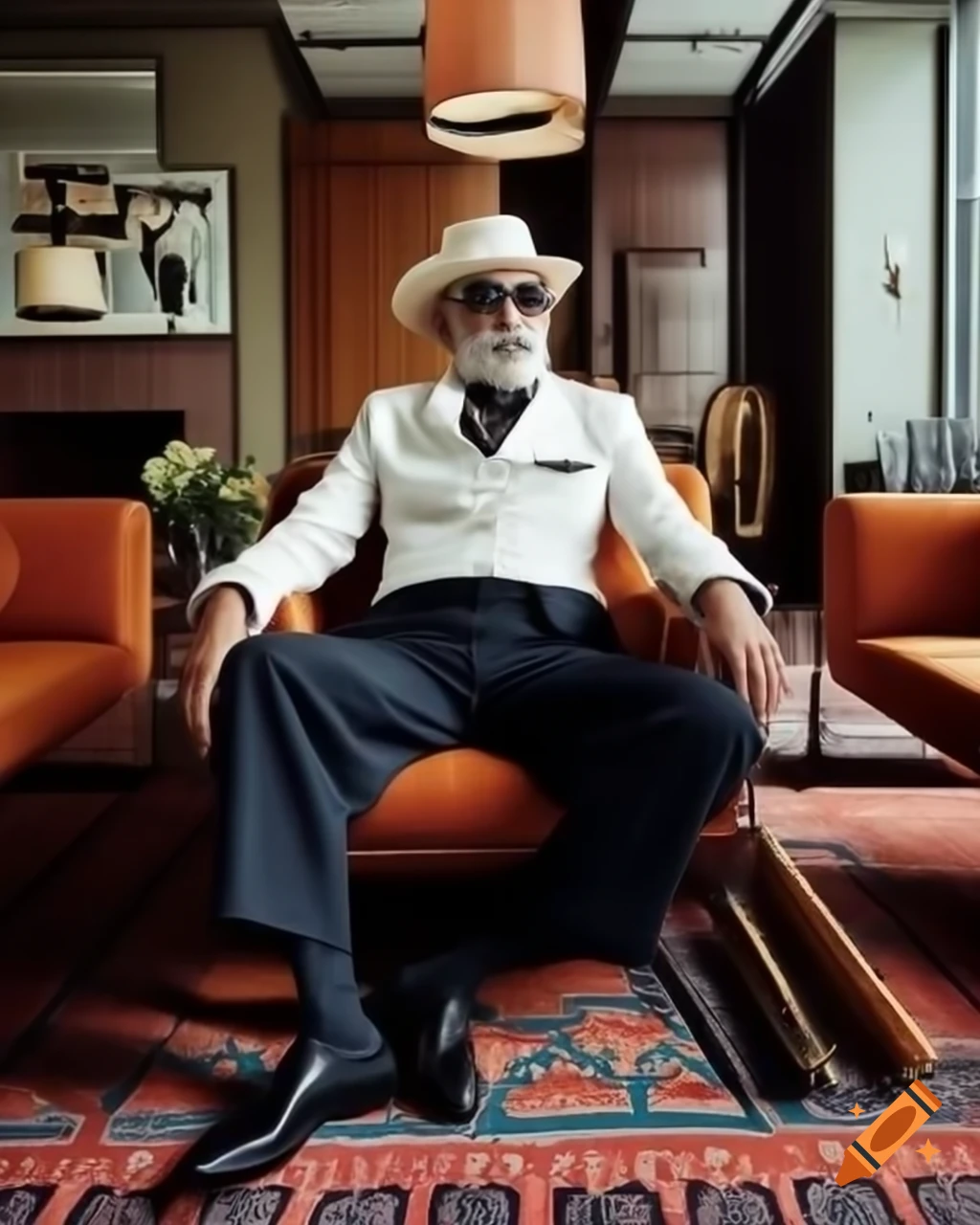 Fashionable man in mid-century modern living room with dim lighting