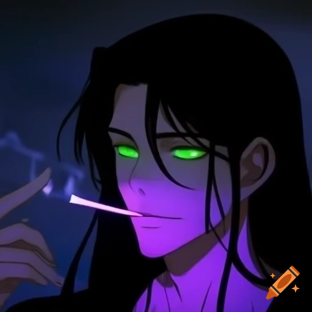 Anime character with long hair and green eyes in violet light