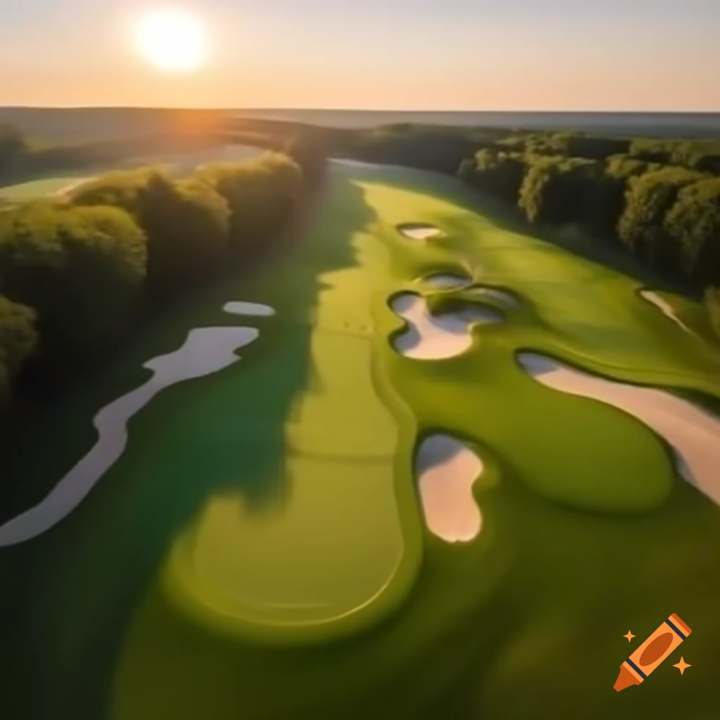 Rolling green golf course at sunset surrounded by tall trees