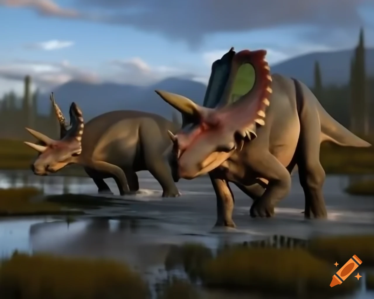 Herd of protoceratops crossing marsh in British Columbia morning light