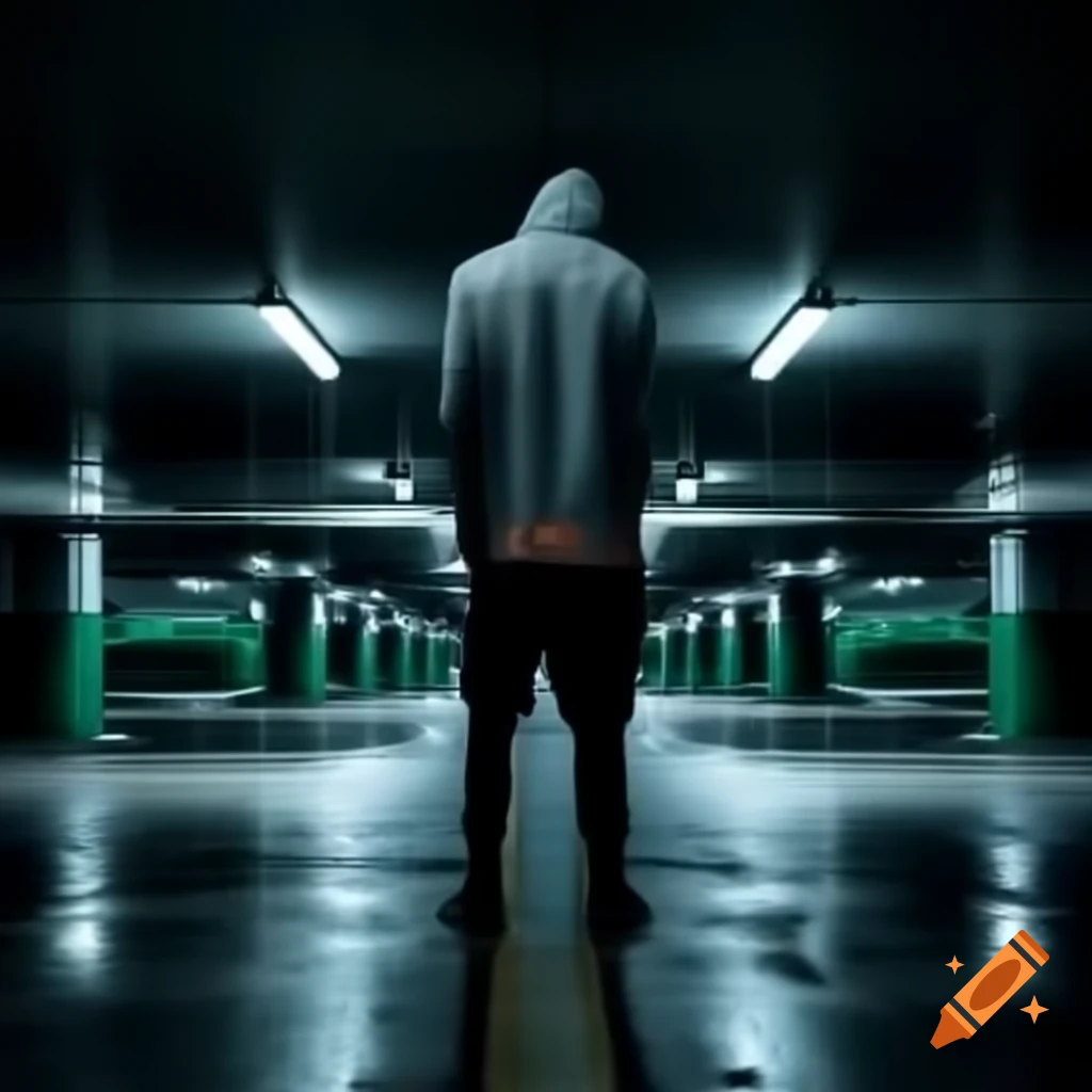 Masked man in threatening pose in dimly lit underground parking garage