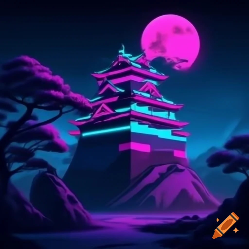 Neon-lit Japanese castle