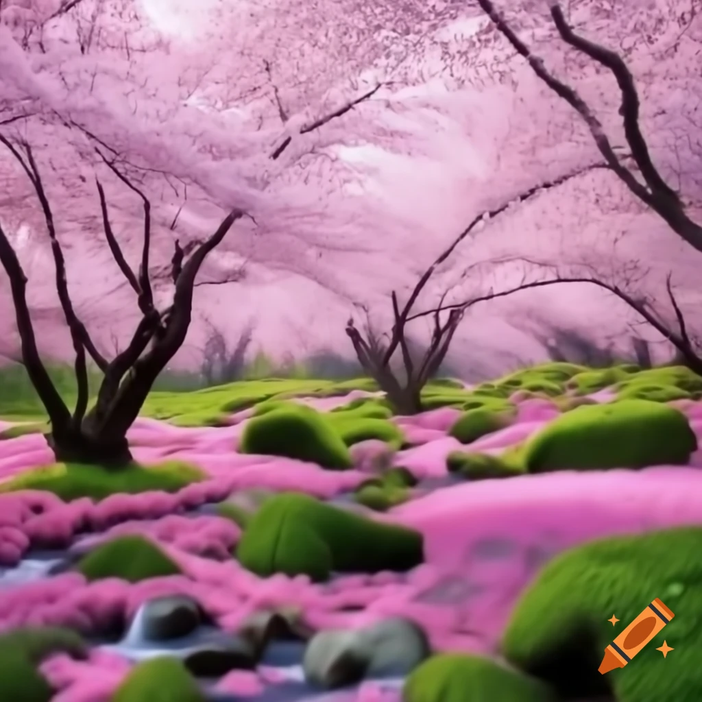 Sakura forest in full bloom with rocks