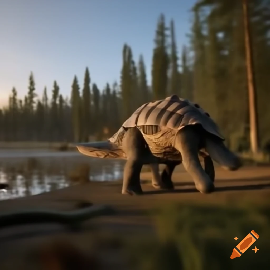 Ankylosaurus walking along sunny lake bank with Diplodocus in background, British Columbia at golden hour