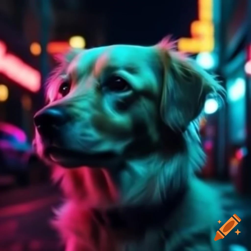 Realistic dog on night street illuminated by neon lights