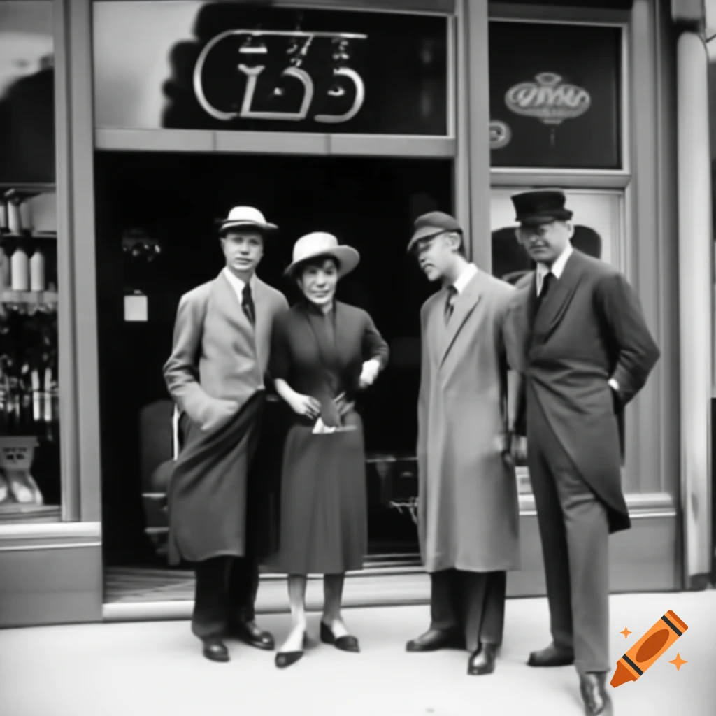 Vintage liquor store facade from 1920 with a lady and two gentlemen at the entrance