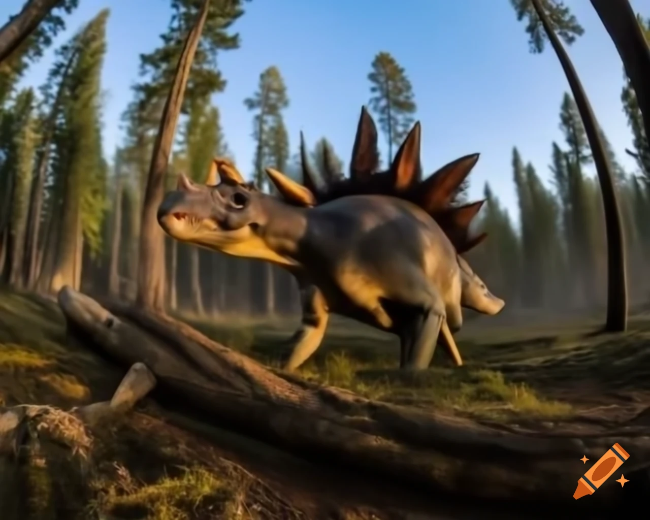 Herd of protoceratops crossing sunny scrubland in British Columbia