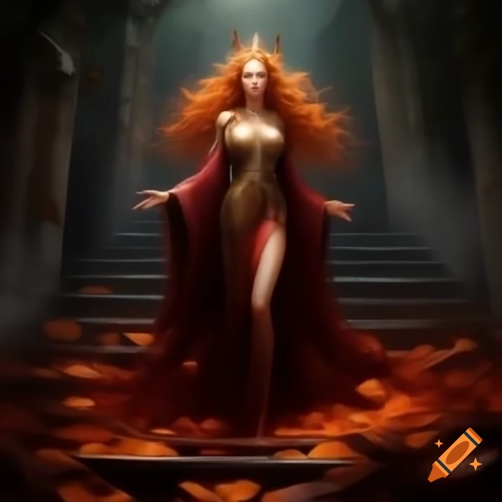 Queen Solene De La Tombe in rich crimson and gold robes, exuding a commanding presence