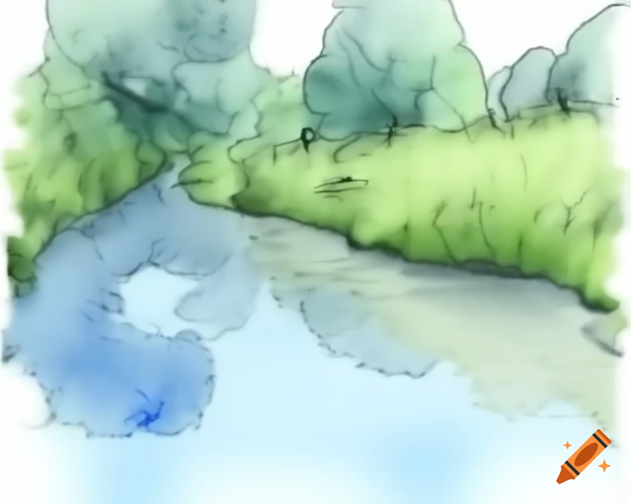 Reflective river in watercolor shades, storybook style