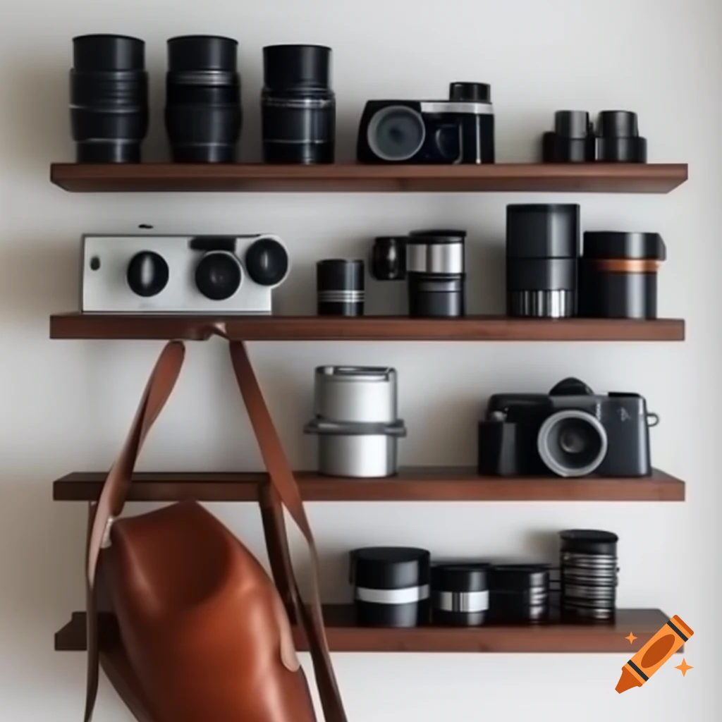 Photography equipment on horizontal shelves including cameras, lenses, and accessories