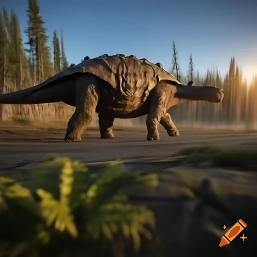 Ankylosaurus walking along sunny lake bank with Diplodocus in background, British Columbia at golden hour
