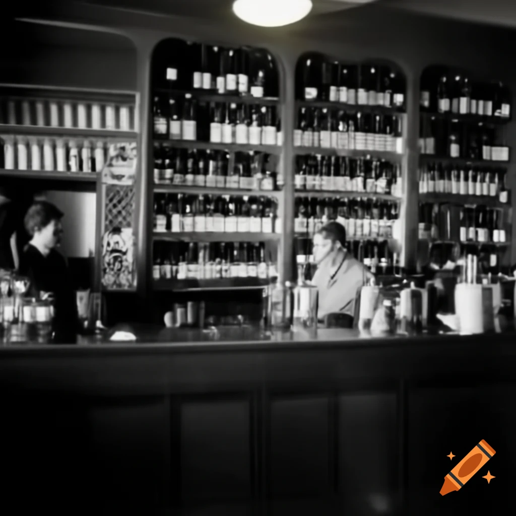 Vintage photo of liquor store with wine shelves and customers