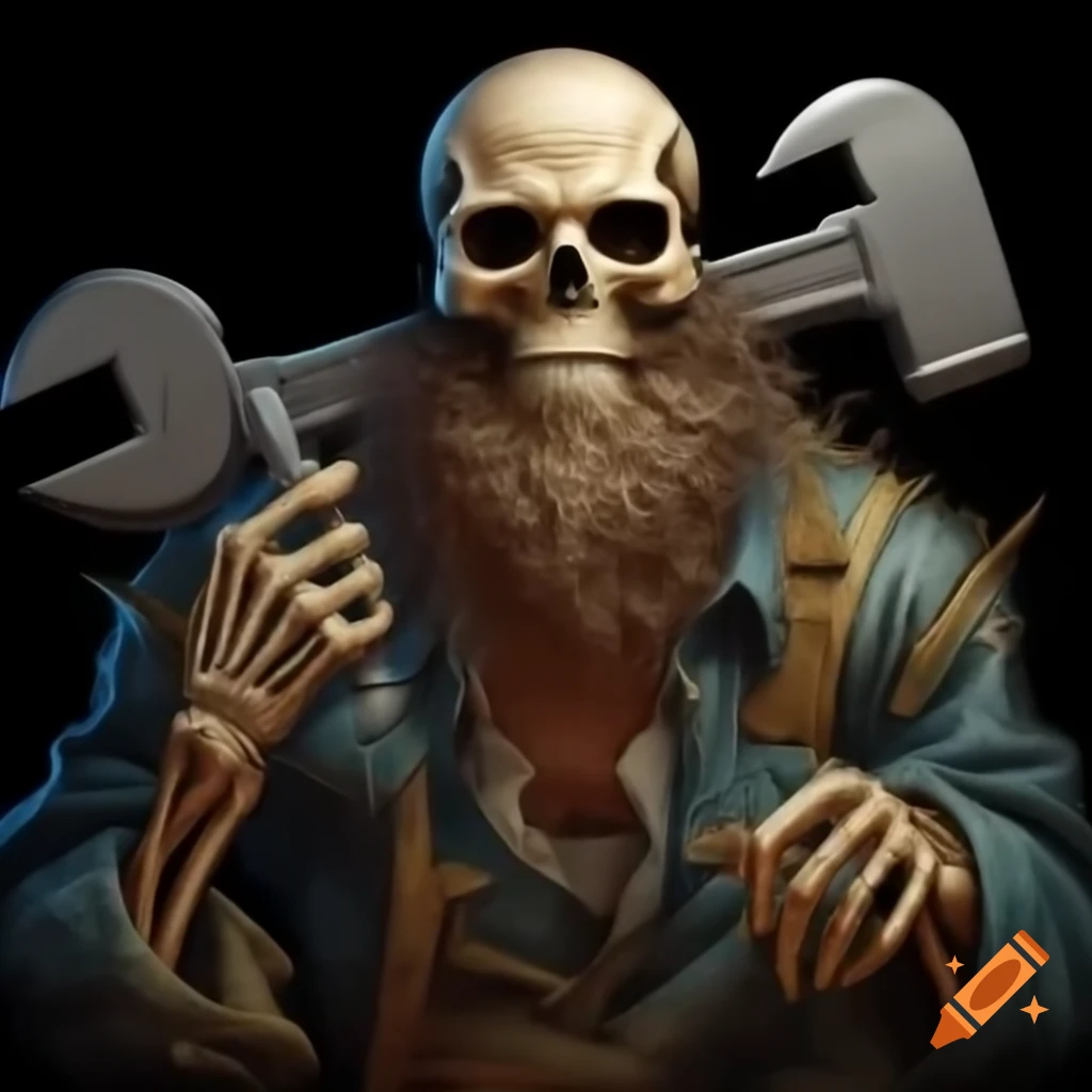 Skeleton with beard holding a spanner
