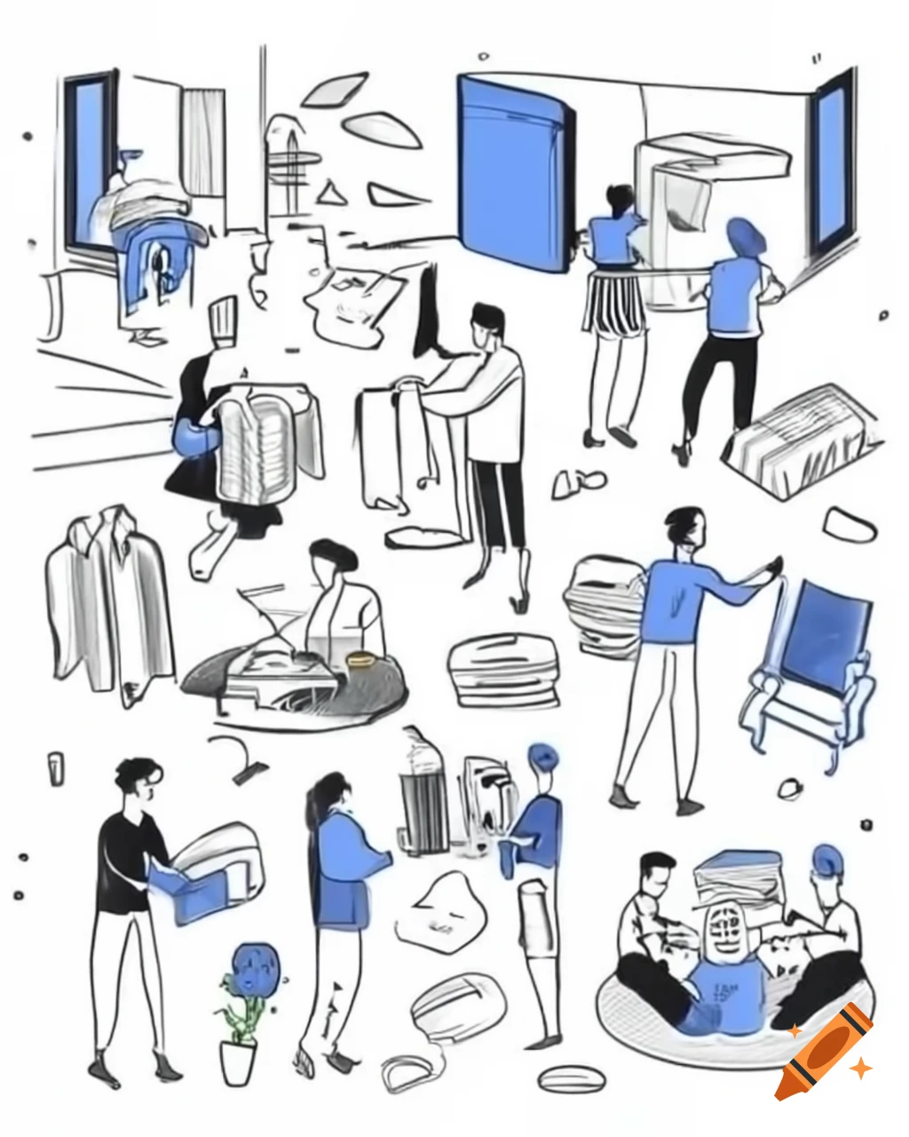 People exchanging electronic items and goods in a modern hall