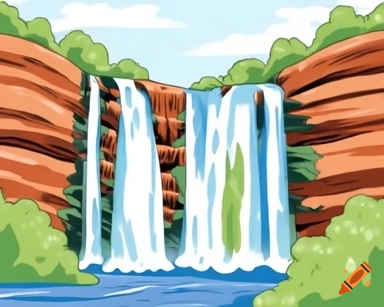 Australian waterfall in natural watercolor style inspired by Albert Namatjira