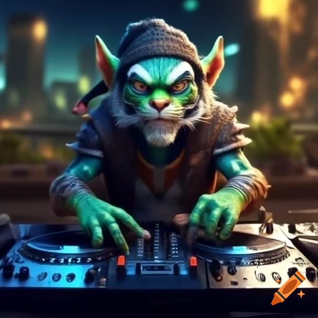 Cyan and orange tiger goblin DJing at rooftop party