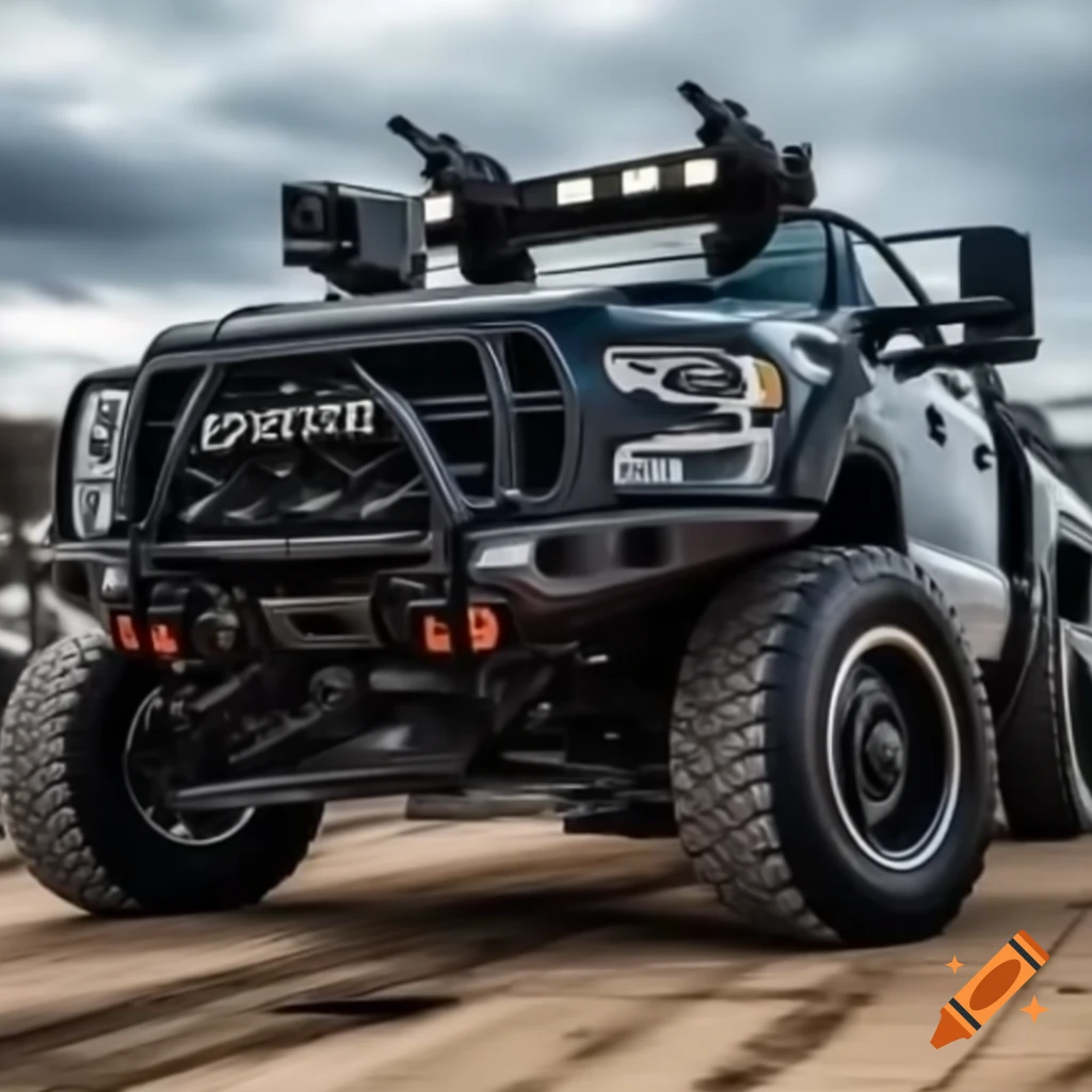 Black truck equipped with firearms