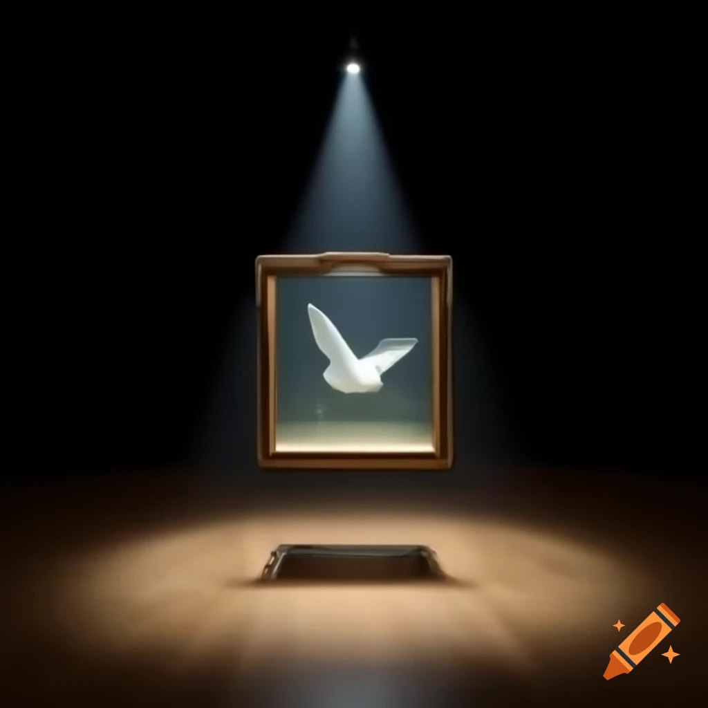 Empty museum showcasing framed angelic dove picture under spotlight